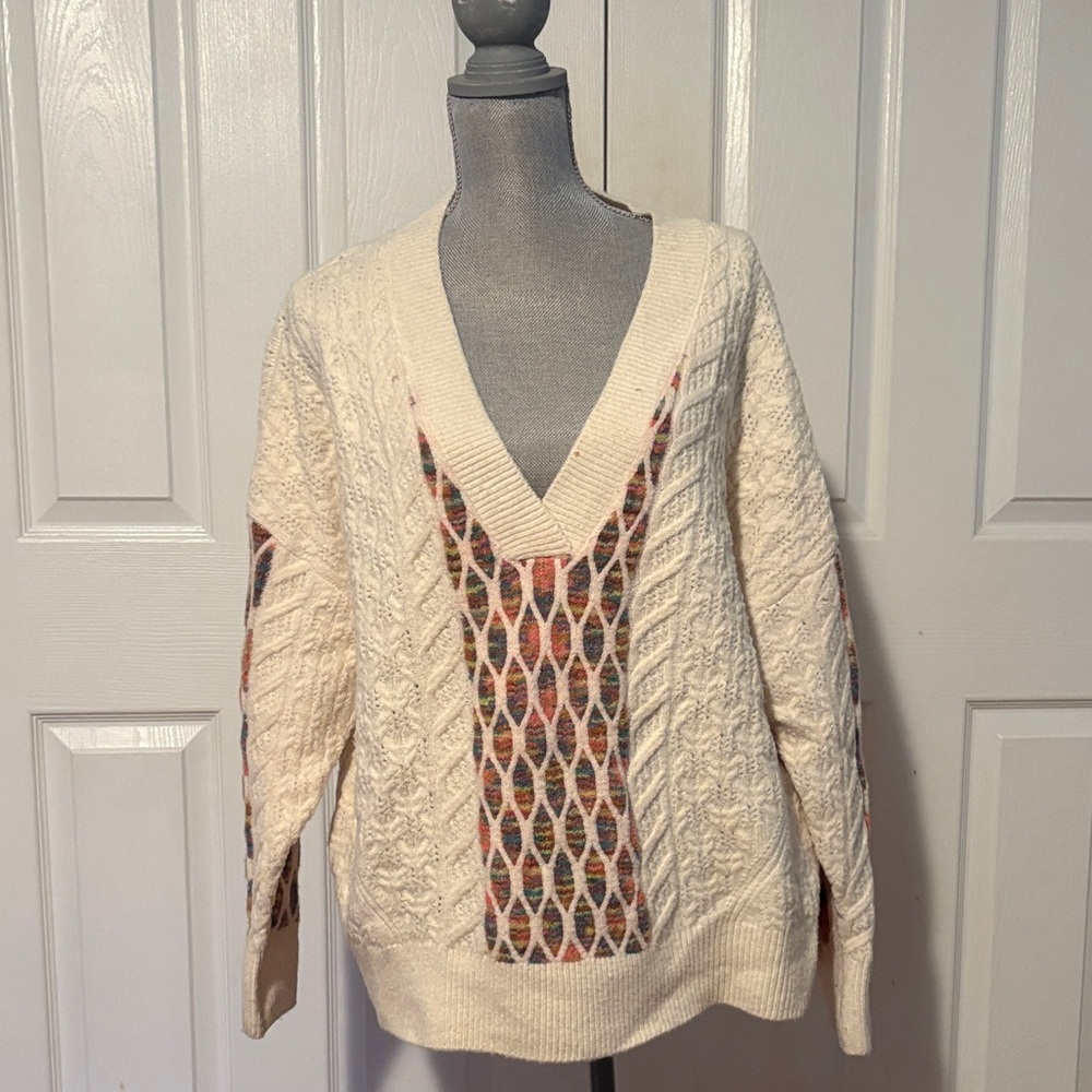 Black Tape Cream V-Neck Sweater with Patterned Accents